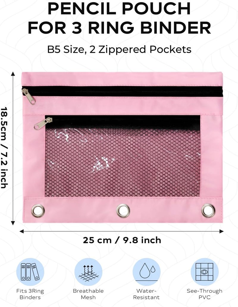 INNOIO 3 Ring Binder Pencil Pouch - School Pencil Case with 2 Zippered Pockets, Clear Mesh Window Pencil Bag, B5 Size, Back to School Gifts (Pink) - Image 4